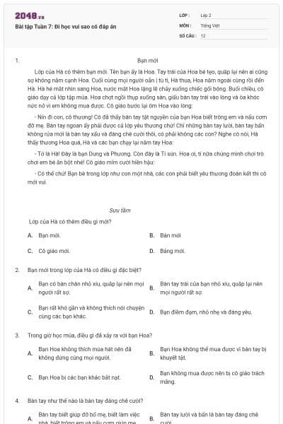 Bài tập Tuần 7: Đi học vui sao có đáp án