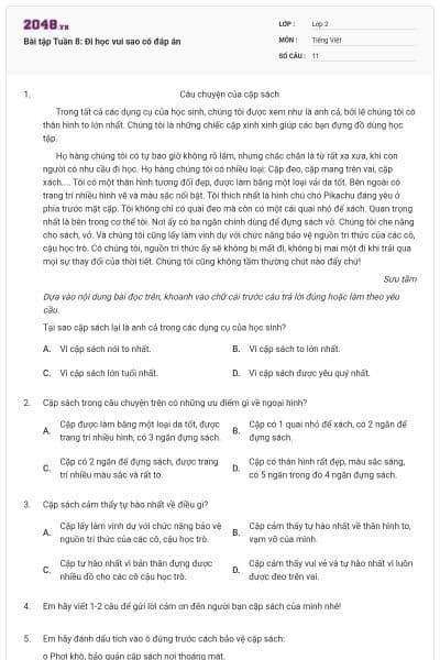 Bài tập Tuần 8: Đi học vui sao có đáp án