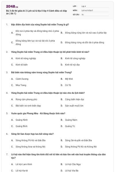 Bộ 3 đề thi giữa kì 2 Lịch sử & Địa lí lớp 4 Cánh diều có đáp án ( Đề 1)