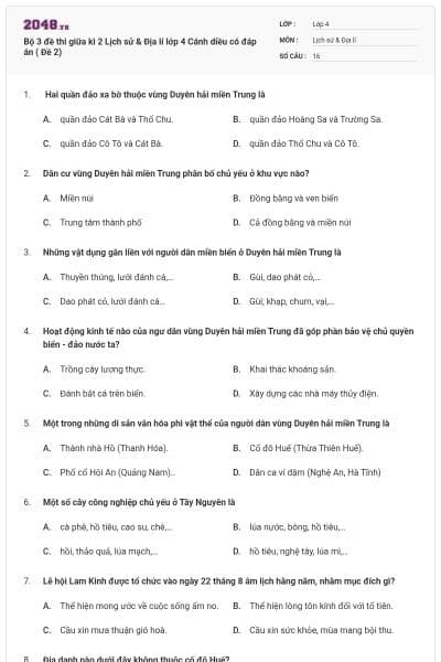Bộ 3 đề thi giữa kì 2 Lịch sử & Địa lí lớp 4 Cánh diều có đáp án ( Đề 2)
