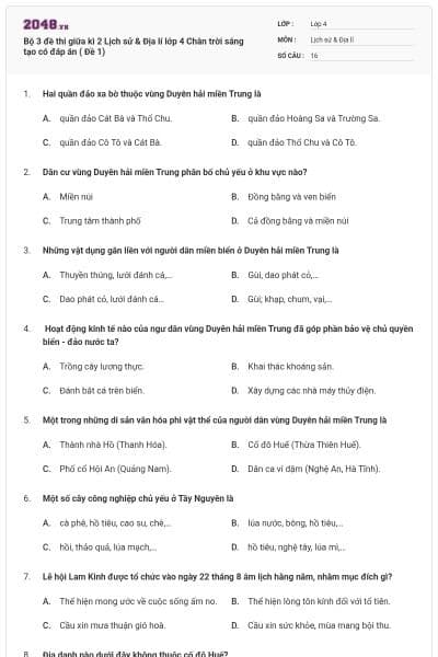 Bộ 3 đề thi giữa kì 2 Lịch sử & Địa lí lớp 4 Chân trời sáng tạo có đáp án  ( Đề 1)