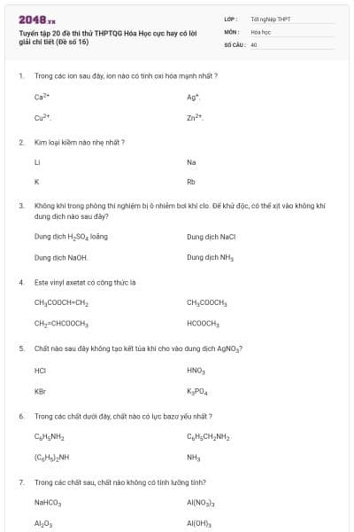 Tuyển tập 20 đề thi thử THPTQG Hóa Học cực hay có lời giải chi tiết (Đề số 16)