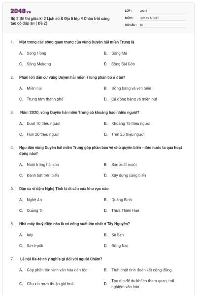 Bộ 3 đề thi giữa kì 2 Lịch sử & Địa lí lớp 4 Chân trời sáng tạo có đáp án  ( Đề 2)