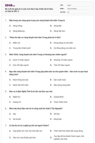 Bộ 3 đề thi giữa kì 2 Lịch sử & Địa lí lớp 4 Kết nối tri thức có đáp án  (Đề 1)