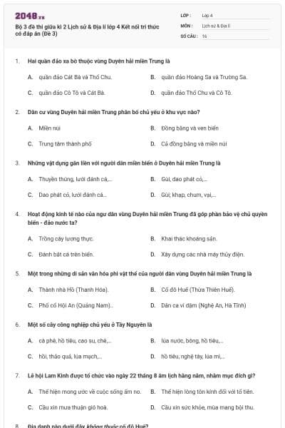 Bộ 3 đề thi giữa kì 2 Lịch sử & Địa lí lớp 4 Kết nối tri thức có đáp án  (Đề 3)