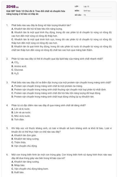 Giải SBT Sinh 10 Chủ đề 6: Trao đổi chất và chuyển hóa năng lượng ở tế bào có đáp án