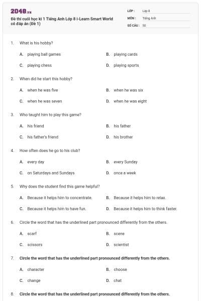 Đề thi cuối học kì 1 Tiếng Anh Lớp 8 i-Learn Smart World có đáp án (Đề 1)