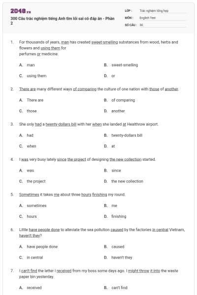 300 Câu trắc nghiệm tiếng Anh tìm lỗi sai có đáp án - Phần 2