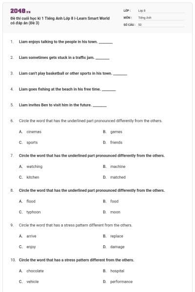 Đề thi cuối học kì 1 Tiếng Anh Lớp 8 i-Learn Smart World có đáp án (Đề 3)
