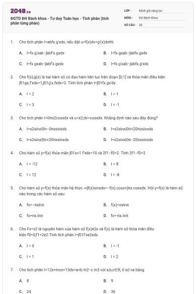 ĐGTD ĐH Bách khoa - Tư duy Toán học - Tích phân (tích phân từng phần)