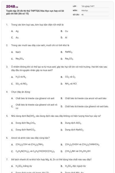 Tuyển tập 20 đề thi thử THPTQG Hóa Học cực hay có lời giải chi tiết (Đề số 15)