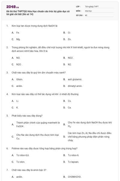 Đề thi thử THPTQG Hóa Học chuẩn cấu trúc bộ giáo dục có lời giải chi tiết (Đề số 14)