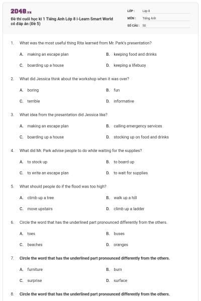 Đề thi cuối học kì 1 Tiếng Anh Lớp 8 i-Learn Smart World có đáp án (Đề 5)