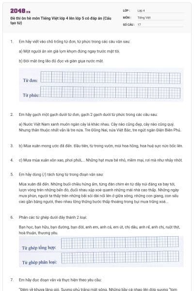 Đề thi ôn hè môn Tiếng Việt lớp 4 lên lớp 5 có đáp án (Cấu tạo từ)
