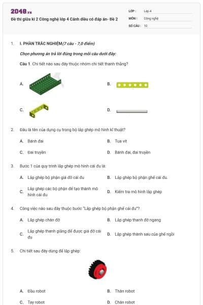 Đề thi giữa kì 2 Công nghệ lớp 4 Cánh diều có đáp án- Đề 2