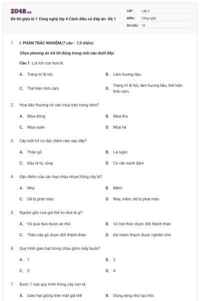 Đề thi giữa kì 1 Công nghệ lớp 4 Cánh diều có đáp án- Đề 1