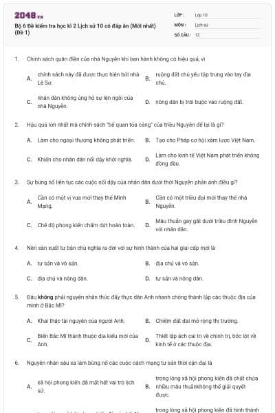 Bộ 6  Đề kiểm tra học kì 2 Lịch sử 10 có đáp án (Mới nhất) (Đề 1)