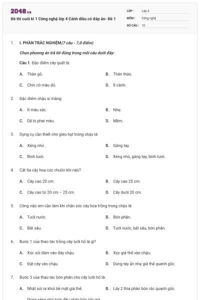Đề thi cuối kì 1 Công nghệ lớp 4 Cánh diều có đáp án- Đề 1