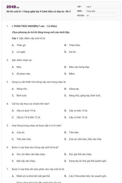 Đề thi cuối kì 1 Công nghệ lớp 4 Cánh diều có đáp án- Đề 2