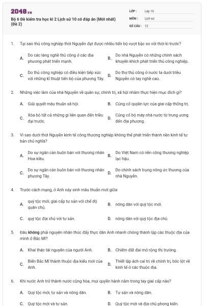 Bộ 6 Đề kiểm tra học kì 2 Lịch sử 10 có đáp án (Mới nhất) (Đề 2)