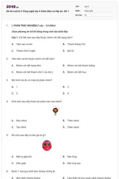 Đề thi cuối kì 2 Công nghệ lớp 4 Cánh diều có đáp án- Đề 1