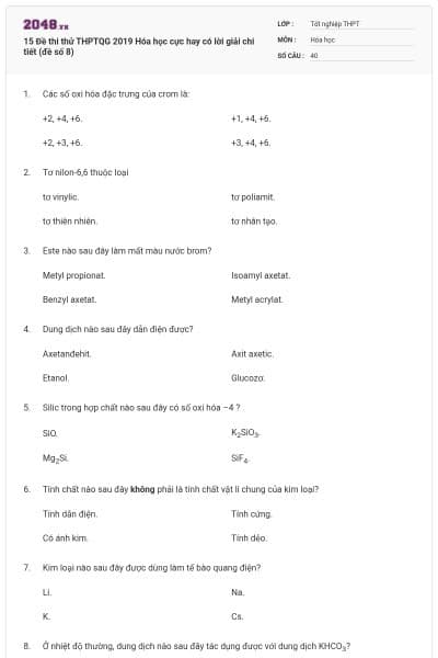 15 Đề thi thử THPTQG 2019 Hóa học cực hay có lời giải chi tiết (đề số 8)