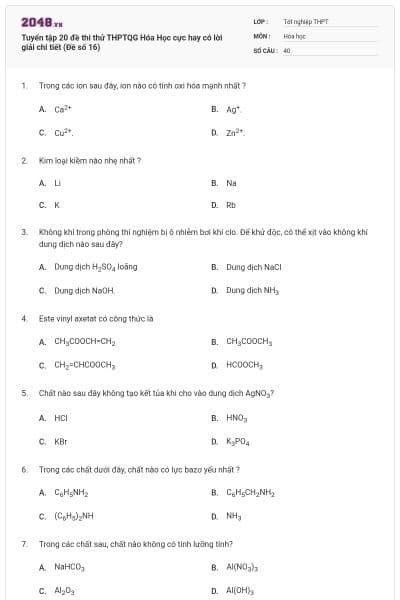 Tuyển tập 20 đề thi thử THPTQG Hóa Học cực hay có lời giải chi tiết (Đề số 16)