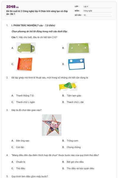 Đề thi cuối kì 2 Công nghệ lớp 4 Chân trời sáng tạo có đáp án- Đề 1