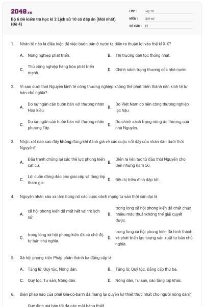 Bộ 6 Đề kiểm tra học kì 2 Lịch sử 10 có đáp án (Mới nhất) (Đề 4)