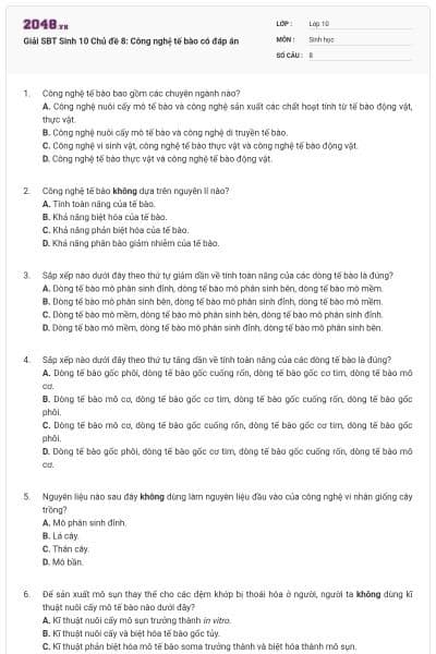 Giải SBT Sinh 10 Chủ đề 8: Công nghệ tế bào có đáp án
