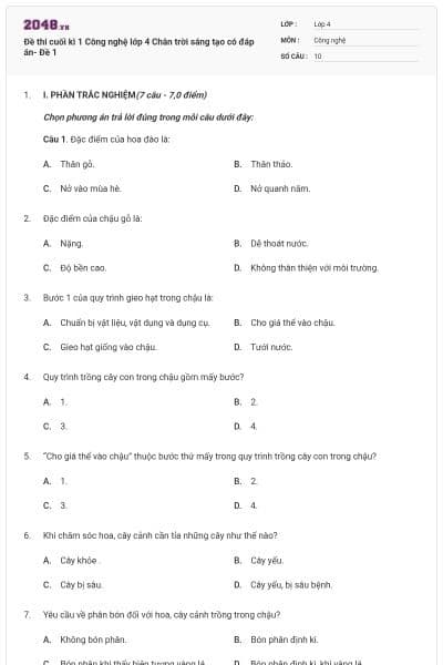 Đề thi cuối kì 1 Công nghệ lớp 4 Chân trời sáng tạo có đáp án- Đề 1