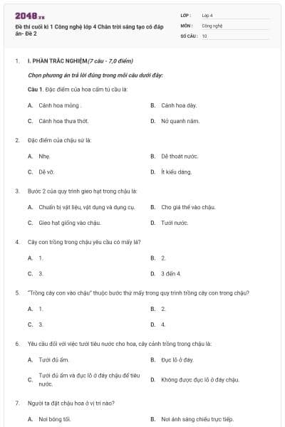 Đề thi cuối kì 1 Công nghệ lớp 4 Chân trời sáng tạo có đáp án- Đề 2