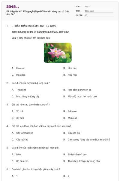 Đề thi giữa kì 1 Công nghệ lớp 4 Chân trời sáng tạo có đáp án- Đề 1
