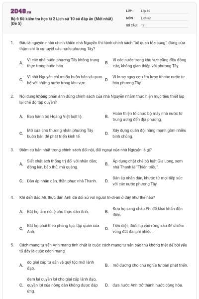Bộ 6 Đề kiểm tra học kì 2 Lịch sử 10 có đáp án (Mới nhất) (Đề 5)