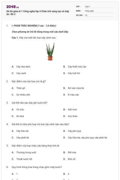 Đề thi giữa kì 1 Công nghệ lớp 4 Chân trời sáng tạo có đáp án- Đề 2