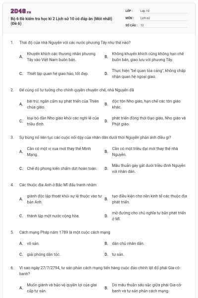 Bộ 6 Đề kiểm tra học kì 2 Lịch sử 10 có đáp án (Mới nhất) (Đề 6)
