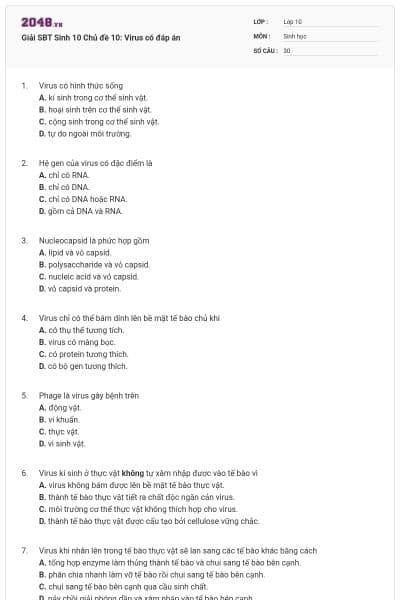 Giải SBT Sinh 10 Chủ đề 10: Virus có đáp án