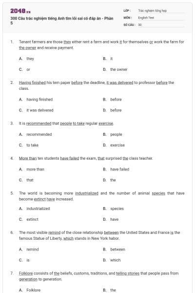 300 Câu trắc nghiệm tiếng Anh tìm lỗi sai có đáp án - Phần 5