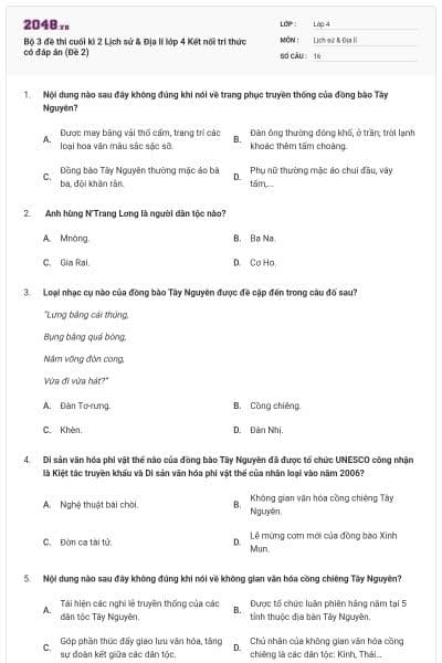 Bộ 3 đề thi cuối kì 2 Lịch sử & Địa lí lớp 4 Kết nối tri thức có đáp án (Đề 2)