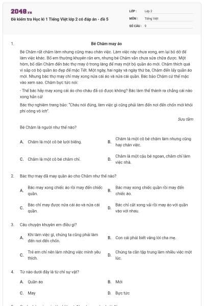 Đề kiểm tra Học kì 1 Tiếng Việt lớp 2 có đáp án - đề 5