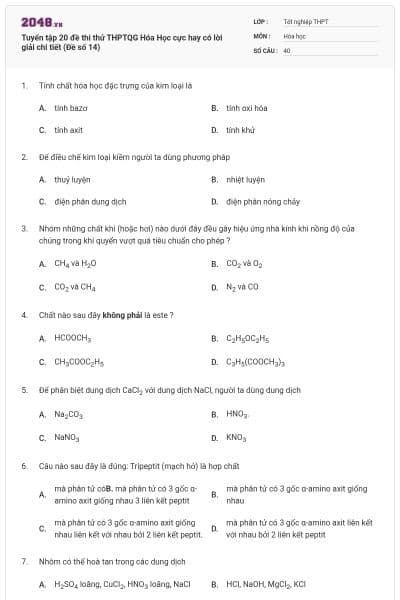 Tuyển tập 20 đề thi thử THPTQG Hóa Học cực hay có lời giải chi tiết (Đề số 14)