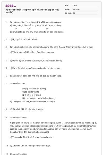 Đề thi ôn hè môn Tiếng Việt lớp 4 lên lớp 5 có đáp án (Cấu tạo câu)