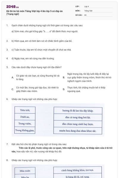 Đề thi ôn hè môn Tiếng Việt lớp 4 lên lớp 5 có đáp án (Trạng ngữ)