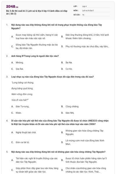 Bộ 3 đề thi cuối kì 2 Lịch sử & Địa lí lớp 4 Cánh diều có đáp án ( Đề 3)