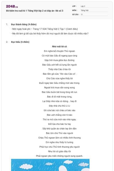 Đề kiểm tra cuối kì 1 Tiếng Việt lớp 2 có đáp án- Đề số 3