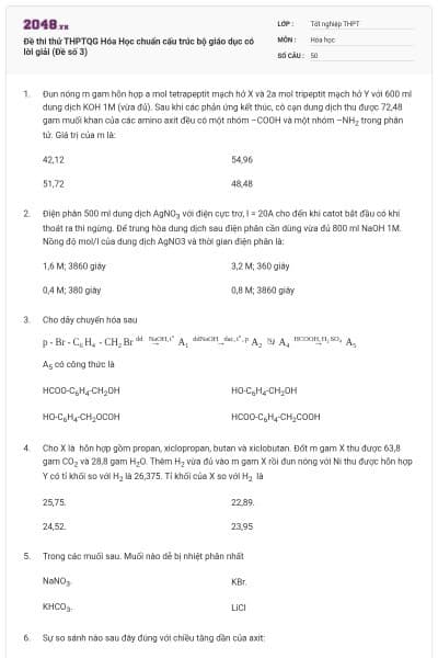 Đề thi thử THPTQG Hóa Học chuẩn cấu trúc bộ giáo dục có lời giải (Đề số 3)