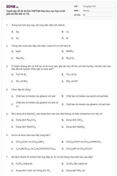 Tuyển tập 20 đề thi thử THPTQG Hóa Học cực hay có lời giải chi tiết (Đề số 15)