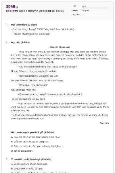 Đề kiểm tra cuối kì 1 Tiếng Việt lớp 2 có đáp án- Đề số 5