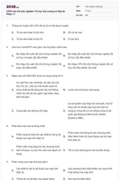 2550 câu hỏi trắc nghiệm Tin học đại cương có đáp án Phần 11