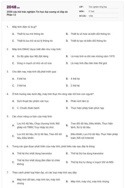 2550 câu hỏi trắc nghiệm Tin học đại cương có đáp án Phần 12